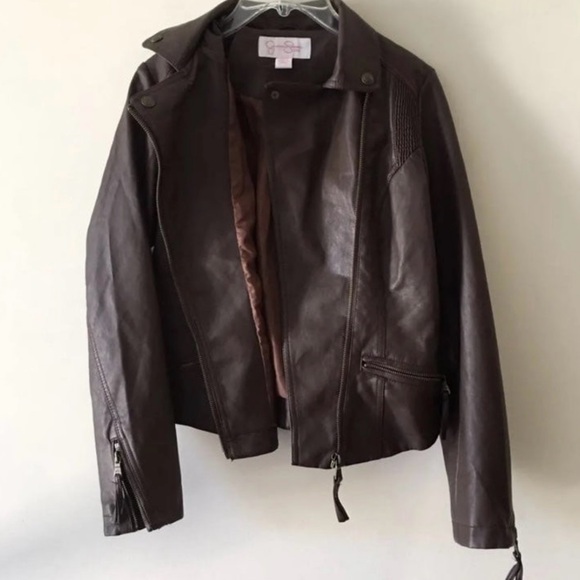 Jessica Simpson Brown Collared Girls Leather Jacket - Picture 2 of 11